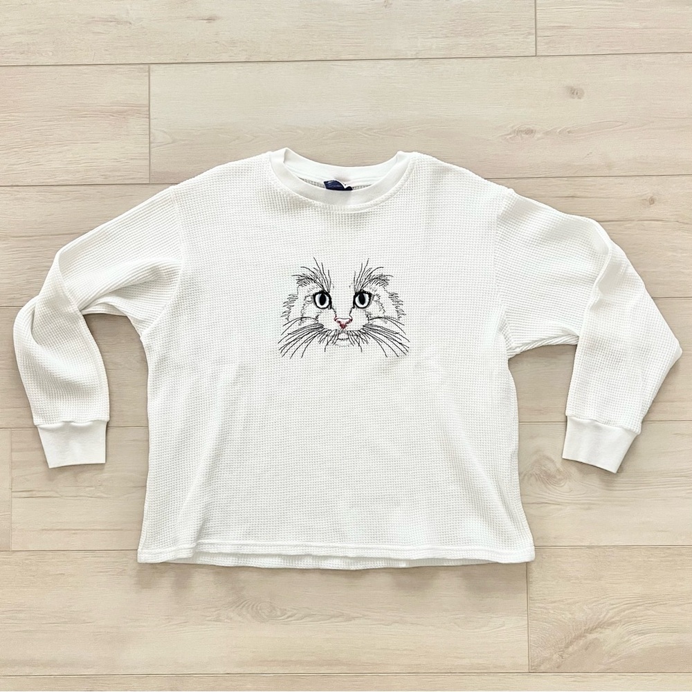 Vintage Cat Long Sleeve Embroidered Thermal Shirt Size Large